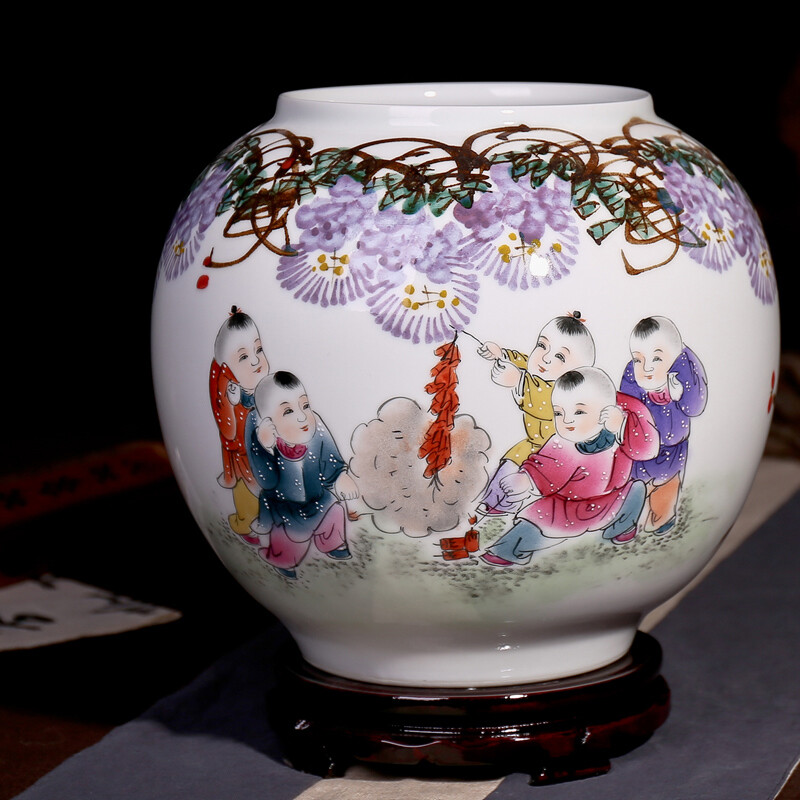 九藏尊品 景德鎮(zhèn)陶瓷器手繪花瓶 時尚家居客廳擺設(shè) 嬰戲圖 工藝品擺件 嬰戲圖